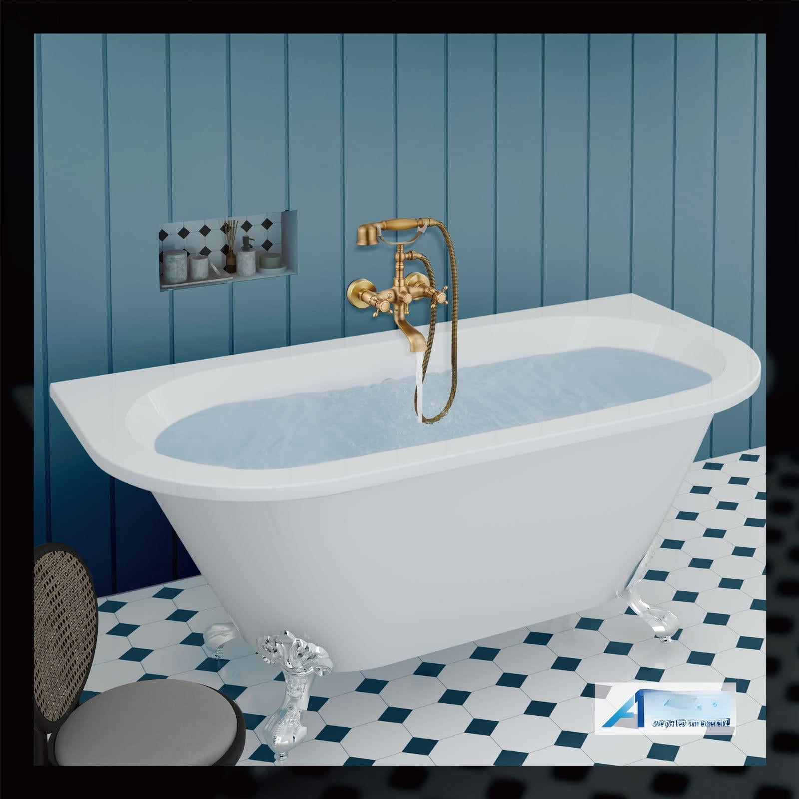 Wall Mount Bathtub Faucet Antique Brass Cross Handle with Handheld Sprayer