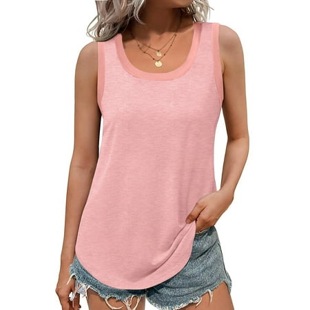 MOSHU Ribbed Trim Tank Tops for Women Flowy Round Neck Women Shirts Loose Fit Sleeveless Summer Tops