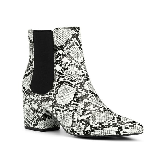 BLISSFUL STEP Women' s Ankle Boots Snake Print Chunky Heel Pointed Toe Pull On Boots Black White 6.5