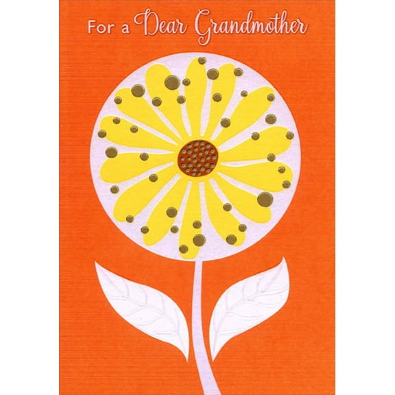 Designer Greetings Large Flower with Yellow Pedals and White Stem on Orange Birthday Card for Grandmother