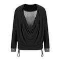 thumbnail image 5 of Scyoekwg Plus Size Tops for Women Long Sleeve Casual Round Neck Sequin Pleated Elastic Fake Two-Piece Top Fall Clothes (Black,XL), 5 of 6