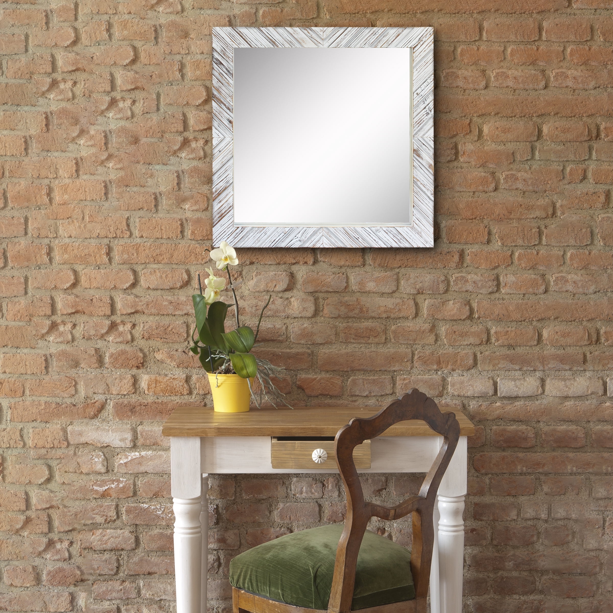 Stonebriar 20" x 20" Off-White Modern Square Wood Chevron Wall Mirror