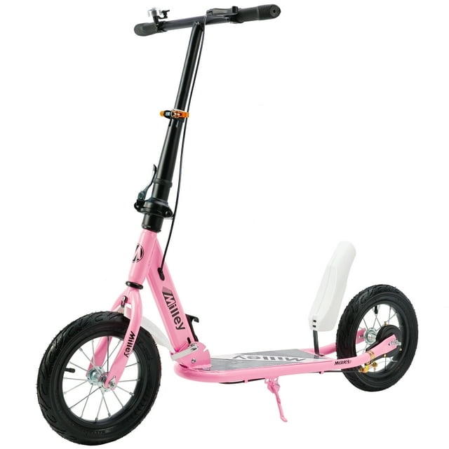 Shock-Absorbing Foldable Commuter Kick Scooter For Adults and Teens With 12" Large Smooth Rolling Rubber Air Tires Pink