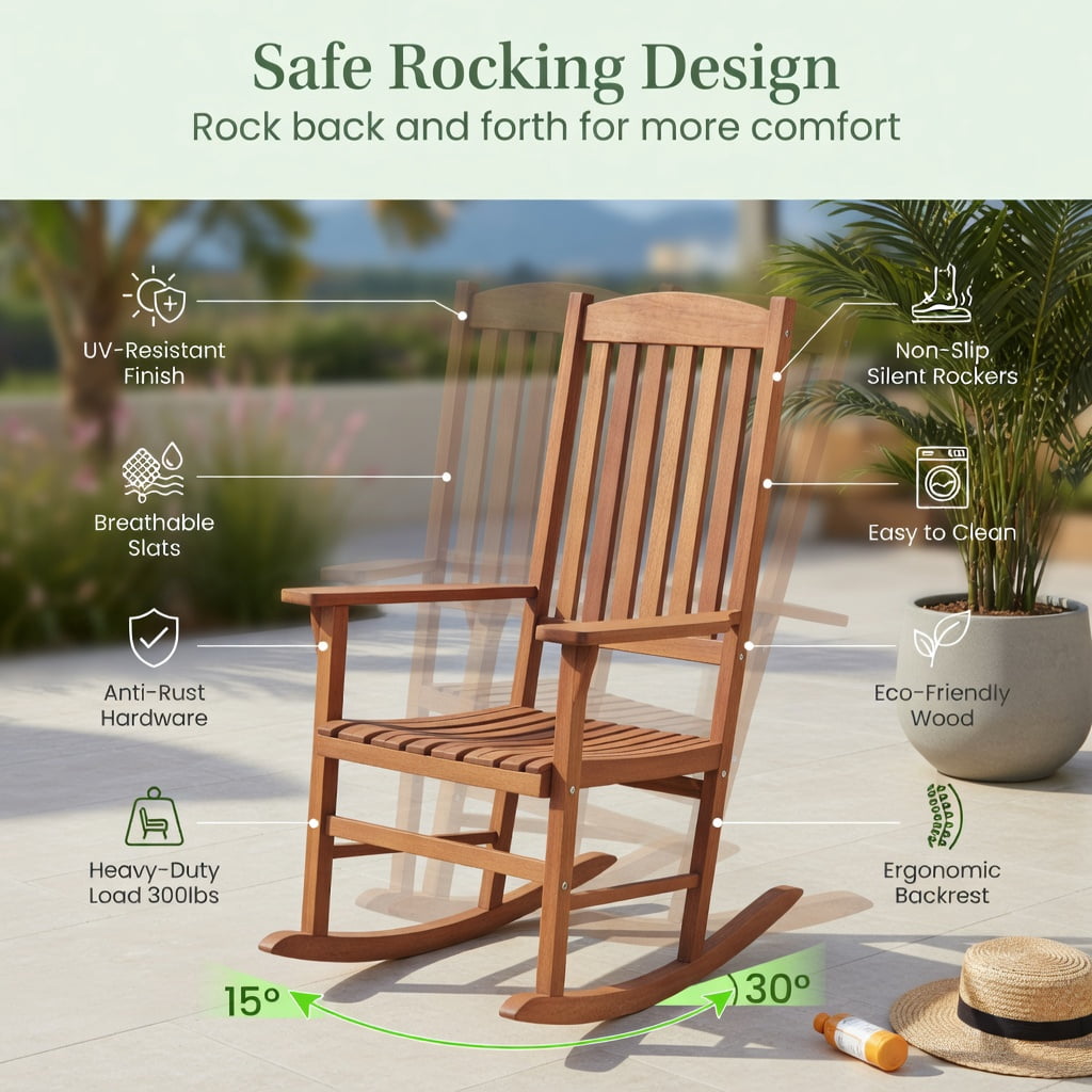 Hommoo Eucalyptus Wood Rocking Chair for Outdoor Use, Garden Rocker with Stable Rocking Base, Breathable Slatted Seat, Natural