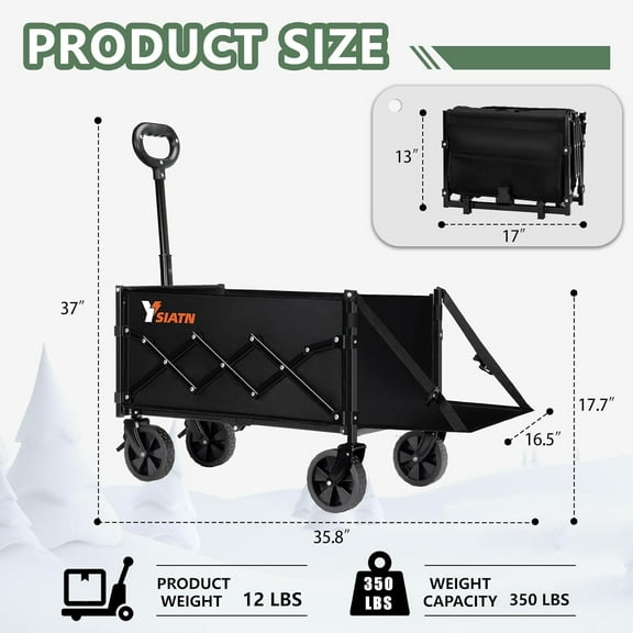 Collapsible Folding Wagon Cart with Tailgate - 300lbs Heavy Duty Foldable Utility Wagon and Brake Wheels - 100L Lightweight Grocery Wagons for Shopping Camping Sports Garden, Black