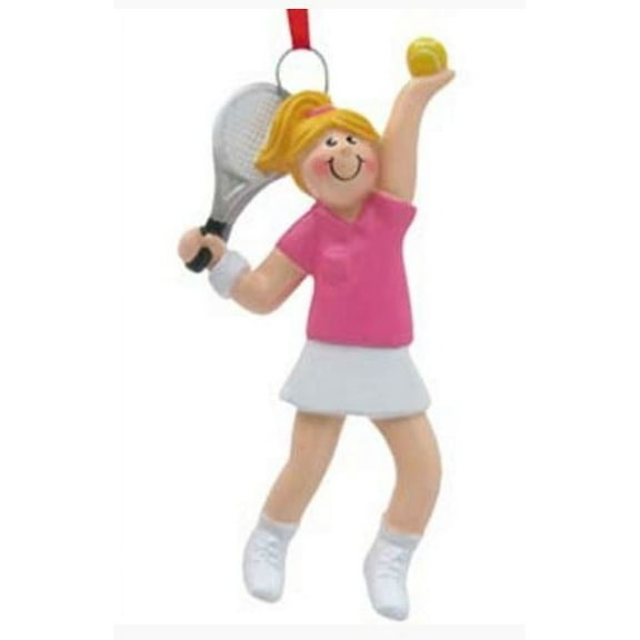 Blonde Tennis Girl in Pink Shirt Serving Ball Christmas Ornament Decoration