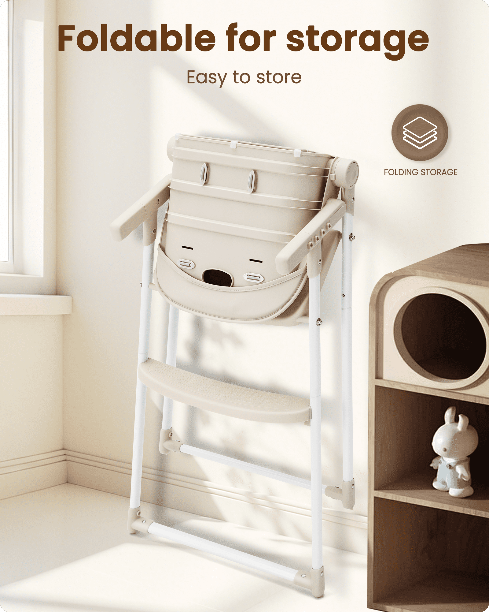 Babilous Foldable High Chair for Babies and Toddlers – Portable, Convertible High Chairs with Adjustable Tray, 5-Point Harness, and Easy-to-Clean Design, Beige