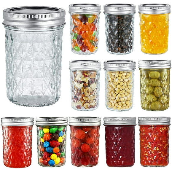 12 Pack 8 oz Mason Jars with Airtight Lids and Bands Glass Canning Jars Ideal for Preserving, Jam, Honey, Jelly, Wedding Favors, Shower Favors, Sauces, DIY Spice Jars, Salad