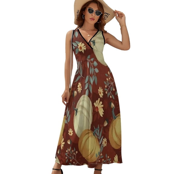 Autumn Pumpkins Maroon Background Sleeveless Dress Dresses Women Summer Evening Dresses Ladies Bohemia Long Dresses