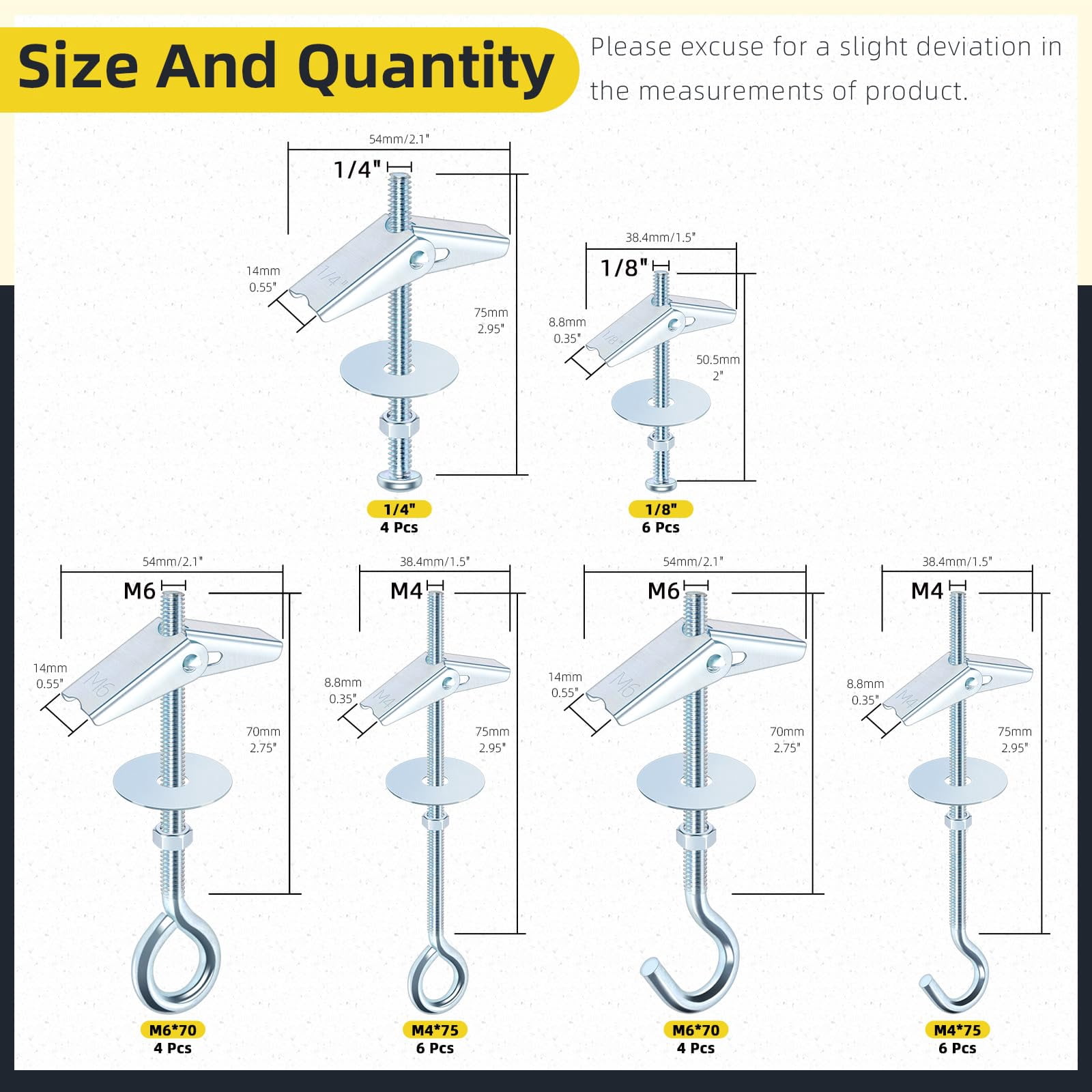 15Pcs M6 x 70mm Eye Bolt Toggle Bolt Assortment Kit, Spring Toggle Bolts Butterfly Anchors Butterfly Toggle Anchors, Heavy Duty Drywall Anchors with Wing Nut for Hanging Lamps Heavy Items