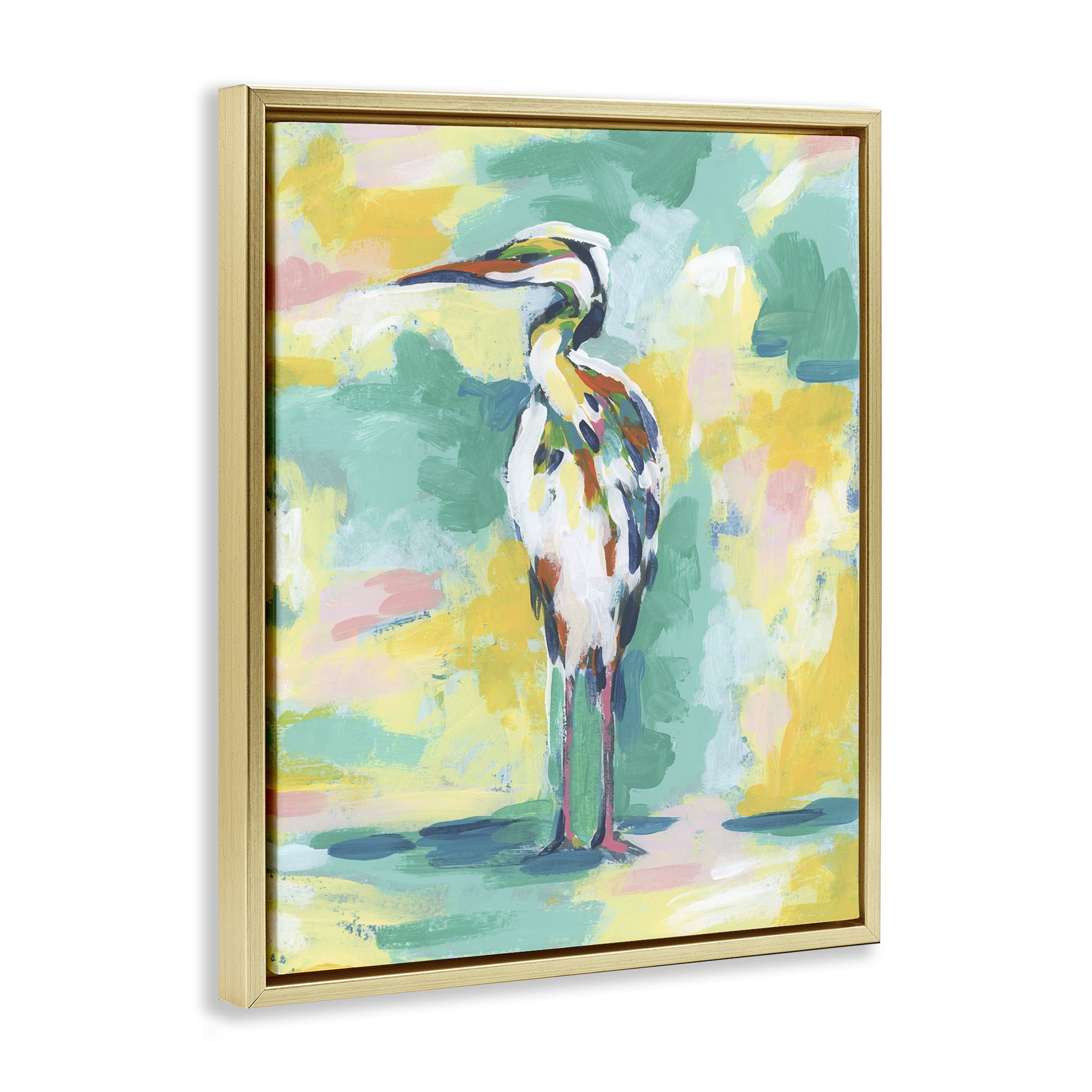 Stupell Industries Blue & Yellow Crane Animals Painting Gold Floater Framed Canvas Art Print Wall Art, 17 x 21