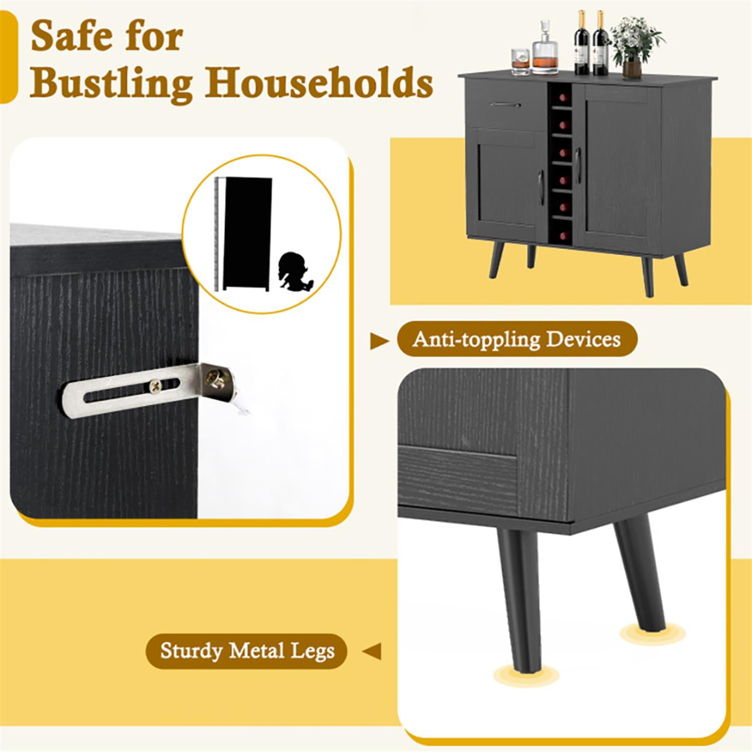 Demi Bonn 35" Sideboard Buffet Cabinet with 6-Bottle Wine Rack, Kitchen Storage Cabinet, Modern Wine Bar Buffet Cabinet for Dining Room, Black