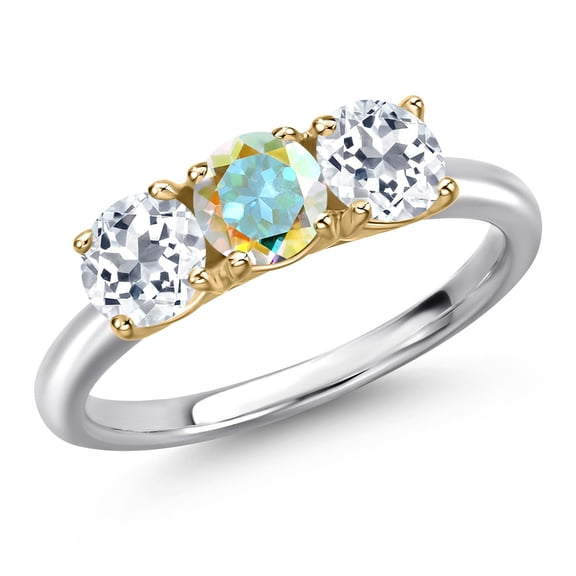 Gem Stone King 925 Silver and 10K Yellow Gold Mercury Mist Mystic Topaz and White Topaz Engagement Ring for Women | 1.75 Cttw | Round 5MM | Gemstone November Birthstone | Size 5