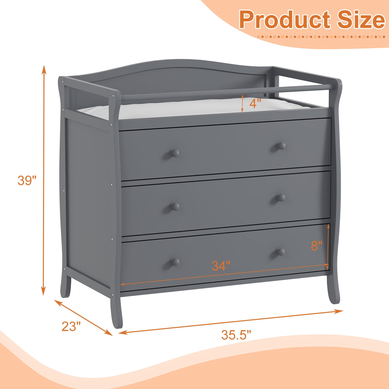 Roromall 3-Drawer Changing Table, Wooden Diaper Changing Table, Infant Diaper Changing Station Dresser with 3 Drawers, Safety Rail & Strap for Bedroom, Nursery