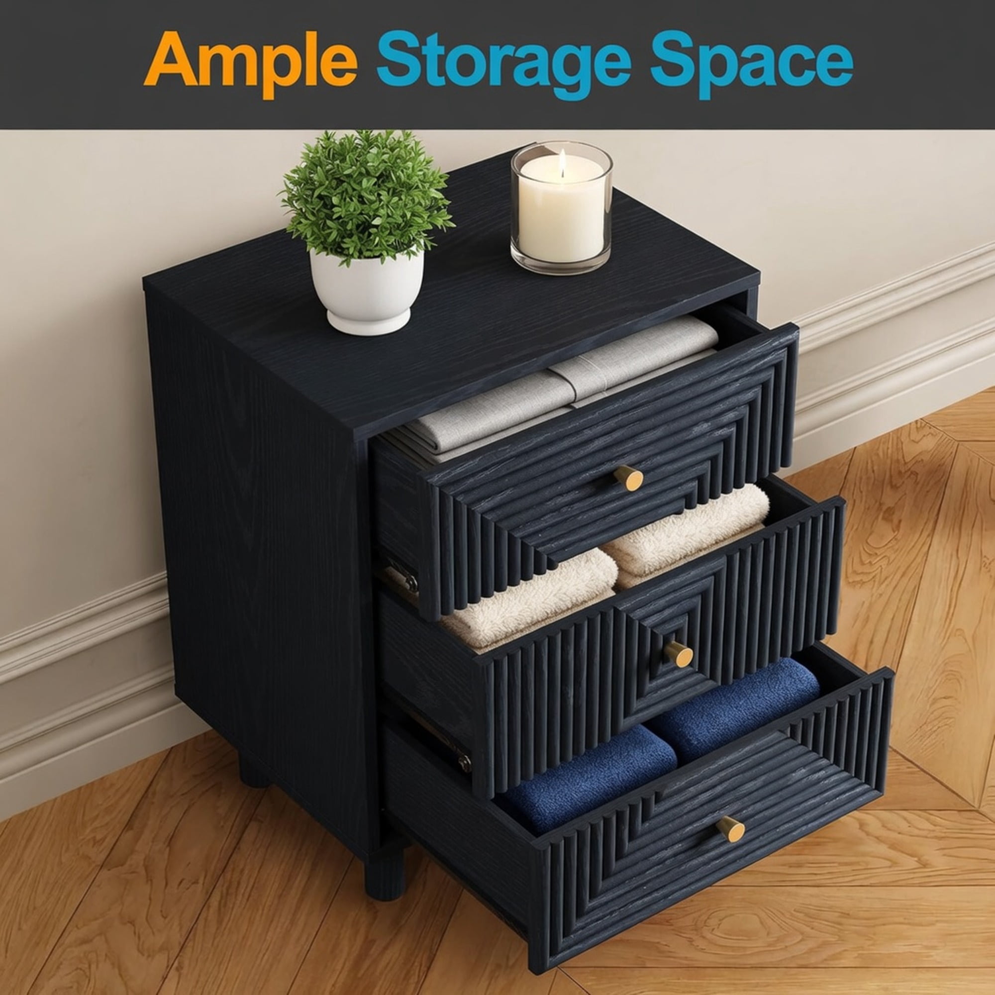 18.7 Inches Width Black 3 Drawer Nightstand - Modern Wood Chest with Solid Legs