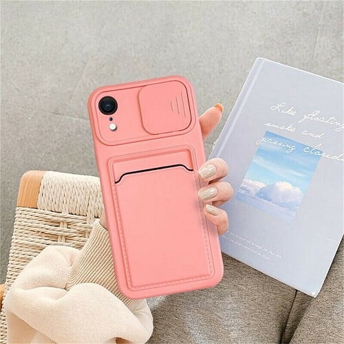 For Apple iPhone XR Pink Smart Shockproof Slide Camera Protector Card Slots Wallet Cover Case