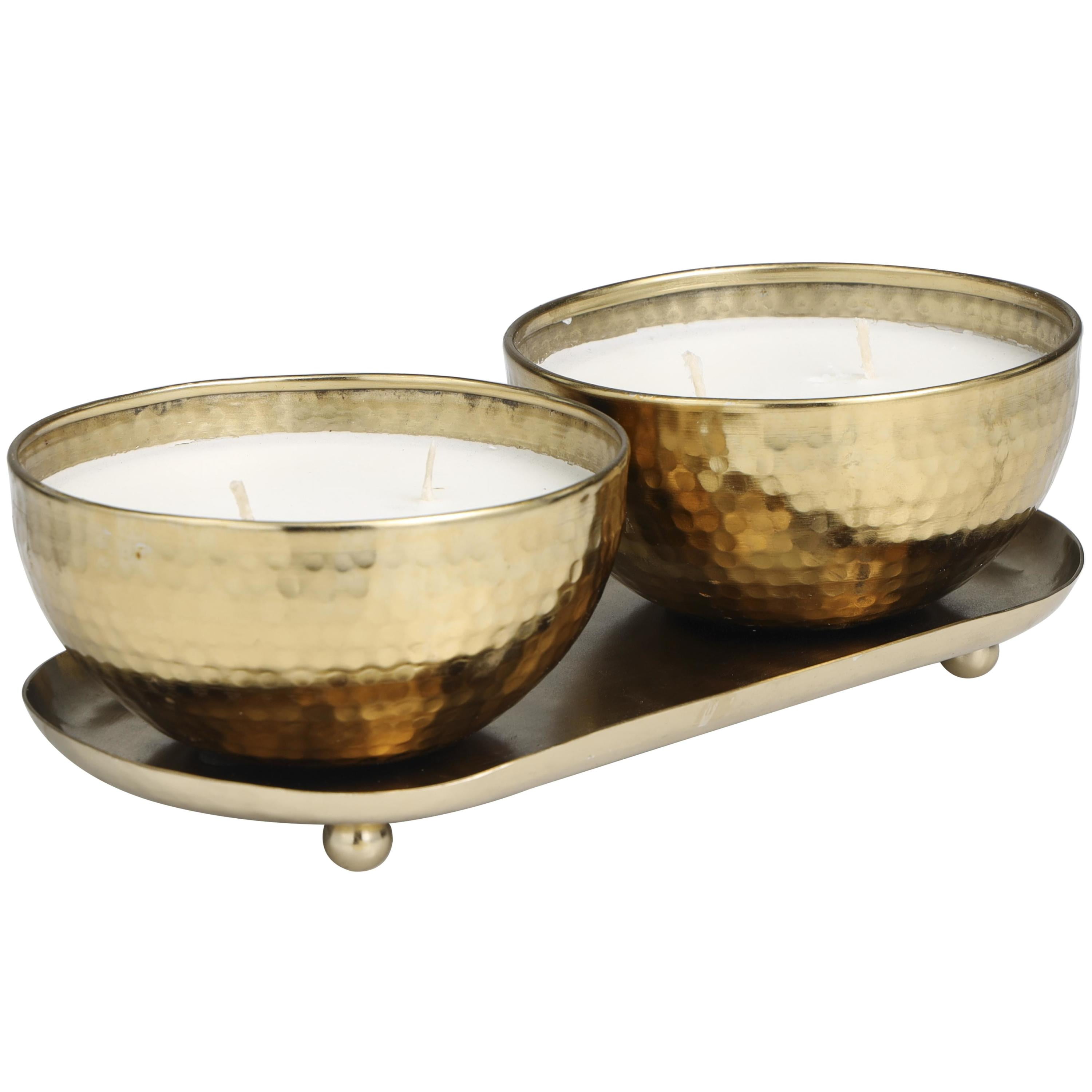 DecMode 2 Holder Gold Metal Egyptian Mint Scented Hammered 12 oz 2 Wick Candle with White Wax, (Set of 2)