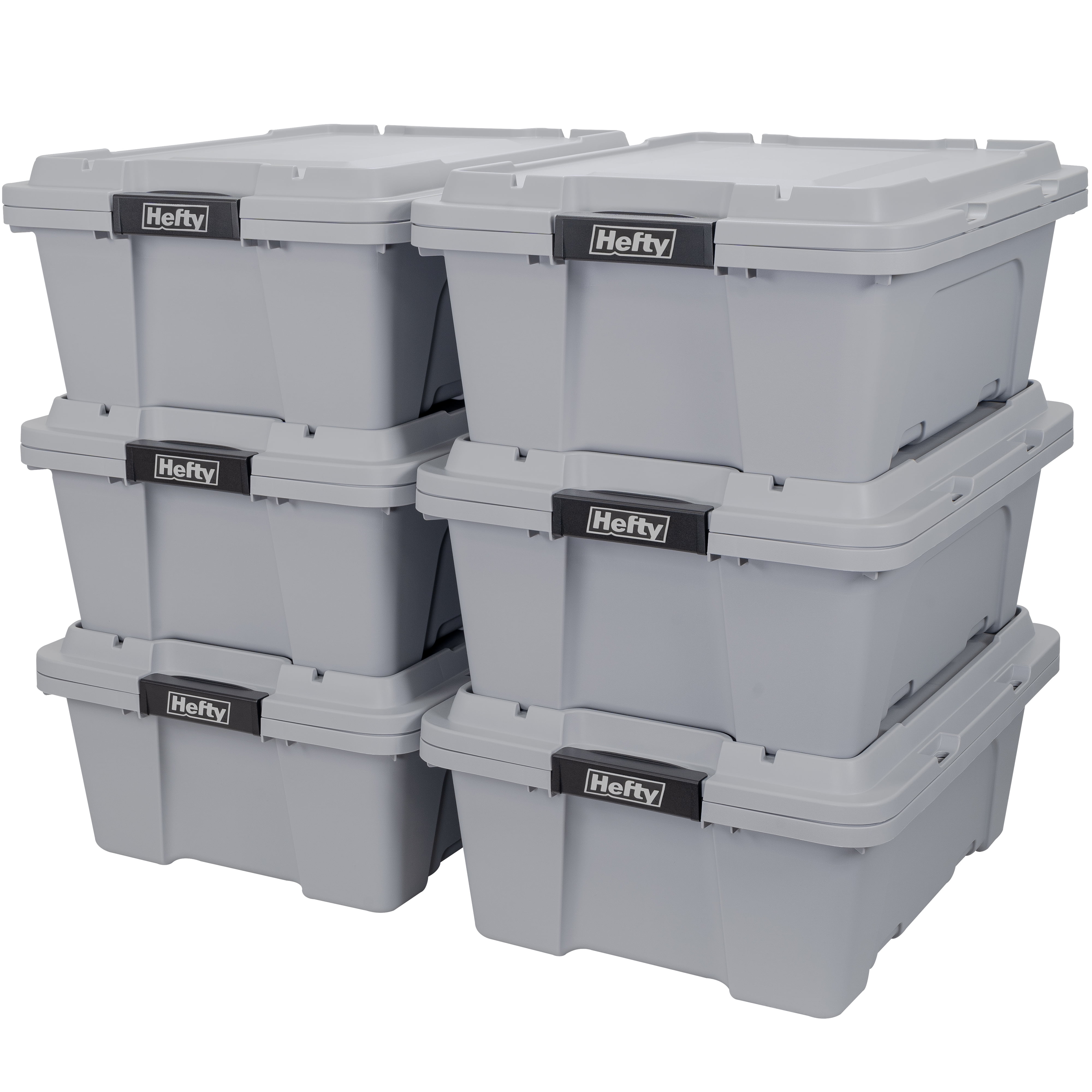 Hefty 12 gal Max Pro Plastic Utility Storage Tote, Gray, 6 Pack