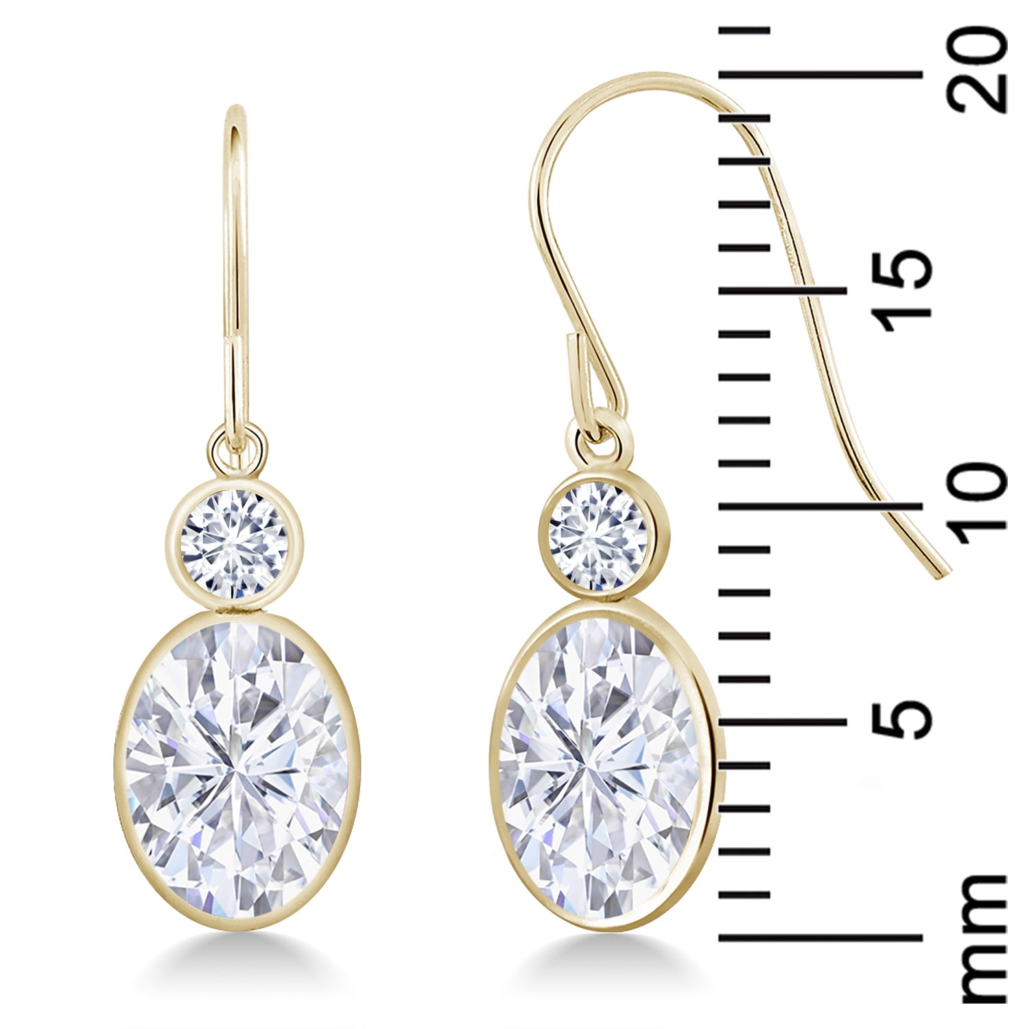 Gem Stone King 14K Yellow Gold White Moissanite and White Lab Grown Diamond Hook French Fish Ear Wire Dangle Earrings for Women (3.20 Cttw, Oval 8X6MM, Round 3MM)
