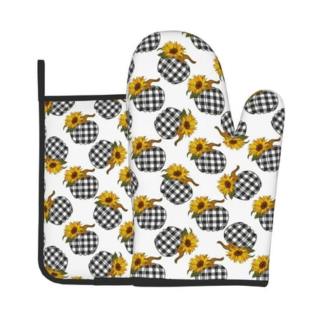 

Zeuib plaid Pumpkin Daisy Print Oven Mitt & Pot Holder Set 2-Pack Kitchen Gloves and Hot Pads for Cooking BBQ Grilling Baking