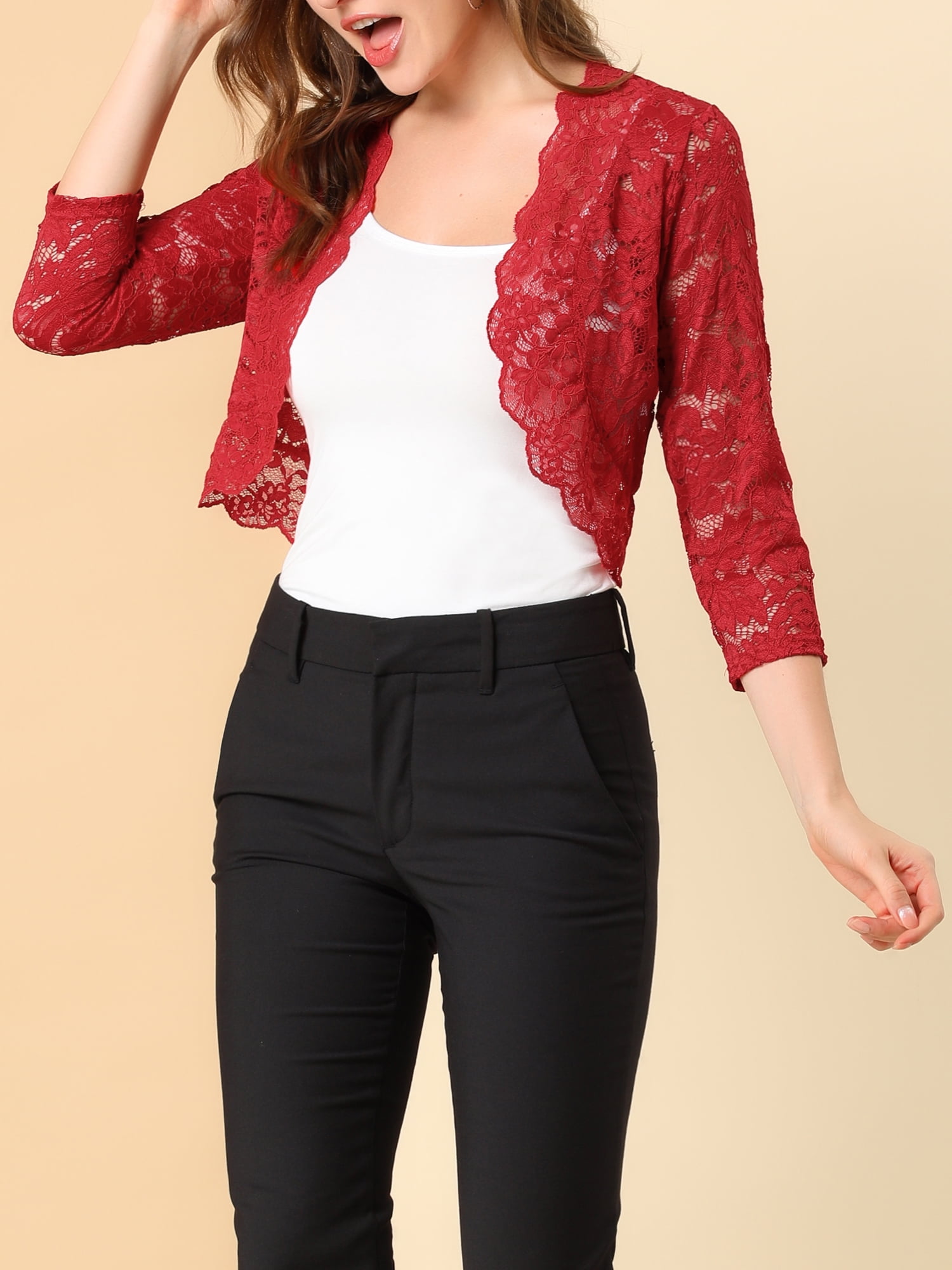 DARING DIVA 3/4 Sleeve Sheer Floral Lace Shrug Top XS Deep Red
