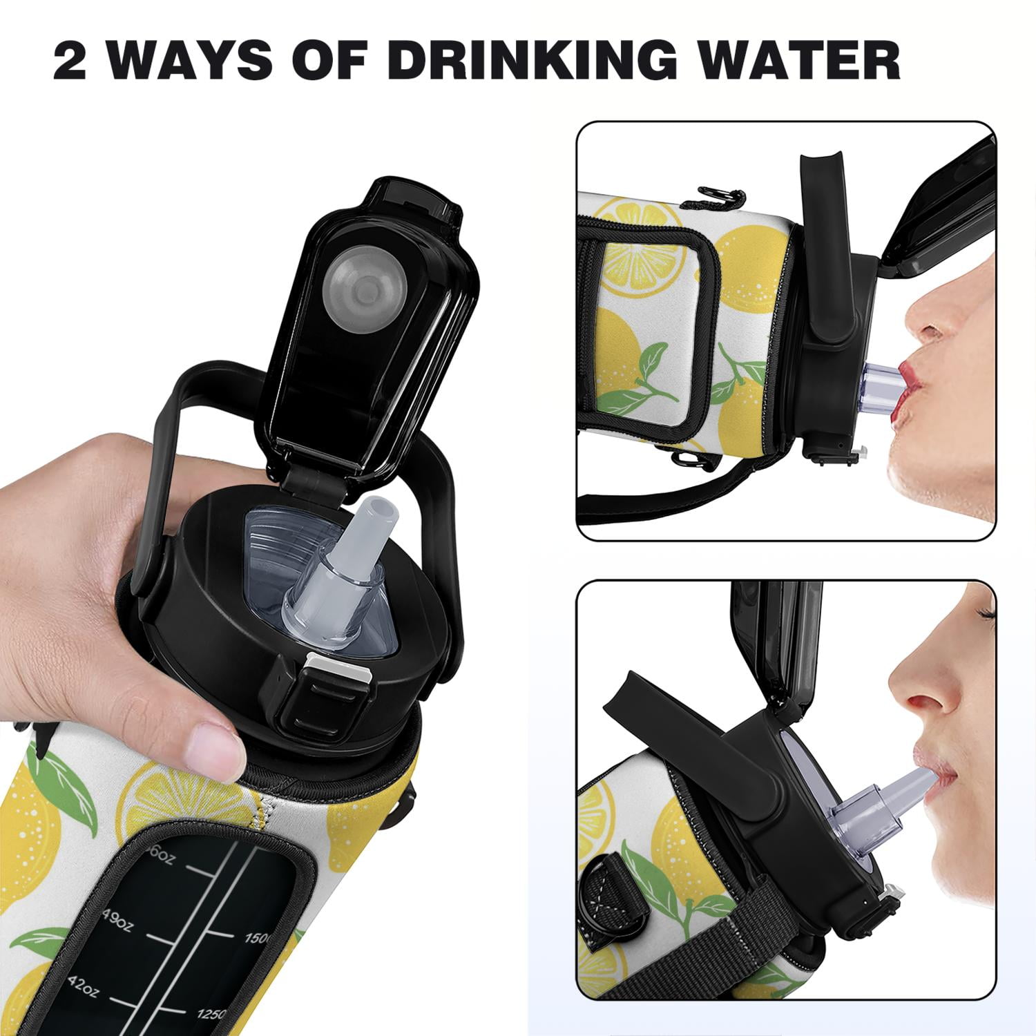 Lemon 64 Oz Half Gallon Water Bottle with Sleeve - BPA Free Leakproof Sport Large Plastic Water Bottle with Straw & Time Marker & Insulated Neoprene Holder Carrier Bag Great Gift for Women Men
