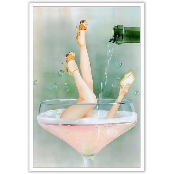 Aaheei Trendy Pink Bathroom Decor Posters Vintage Funky Female Champagne Canvas Wall Art Funny Alcohol Drinks Prints Painting Retro Cocktail Room Aesthetic Wall Decor