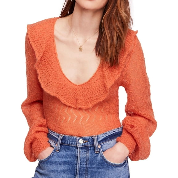 Free People Womens Macaroon Pullover Sweater, Orange, Medium