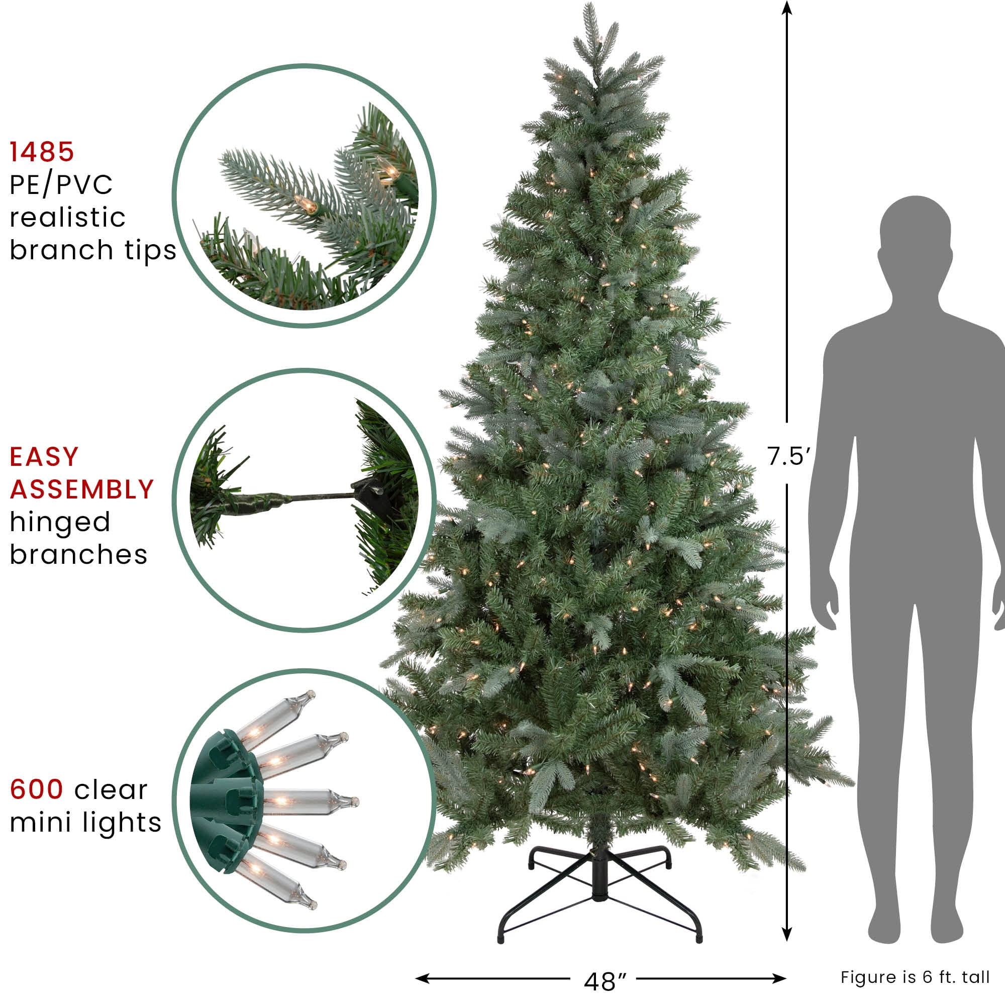 Northlight Clear Prelit LED Green Hinged Fir Granville Fraser Slim Artificial Christmas Tree, 7.5'
