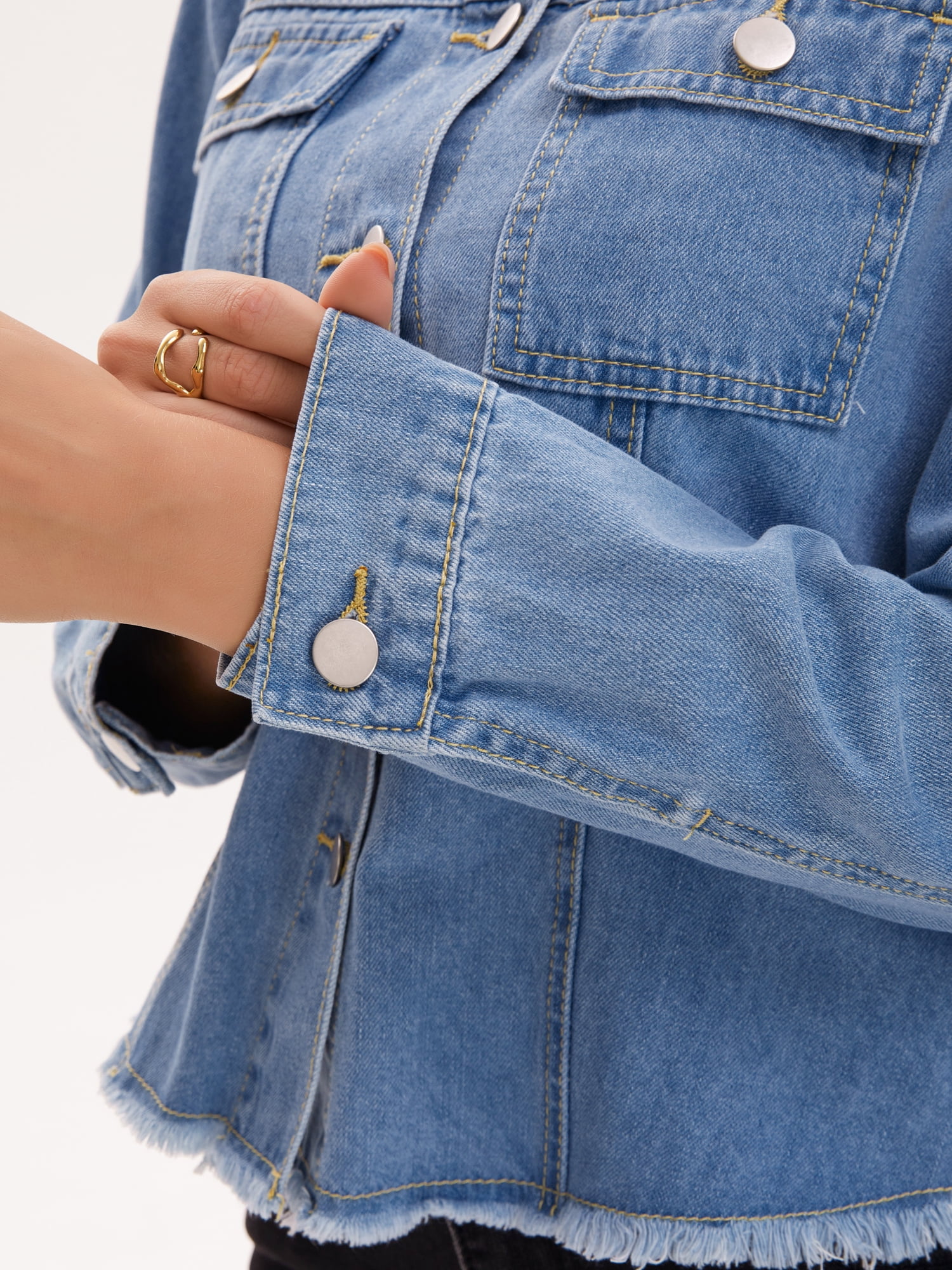 DARING DIVA Women's Long Sleeve Lightweight Frayed Hem Jean Shacket L Blue