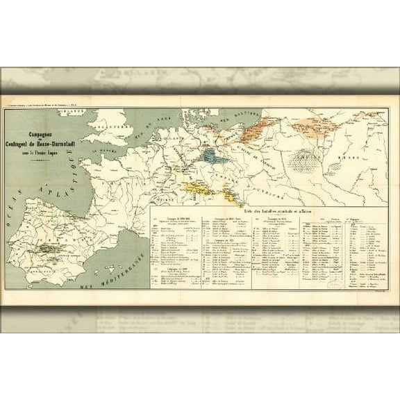 24x36 Poster; Map Of Napoleonic Wars In French; Napoleon; Antique Reprint