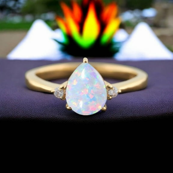 SHREENATHJEWELRY 7x5MM / 2Ct Pear Cut Opal Engagement Ring- CZ Diamond Wedding Jewelry Personalized Gift For Wife