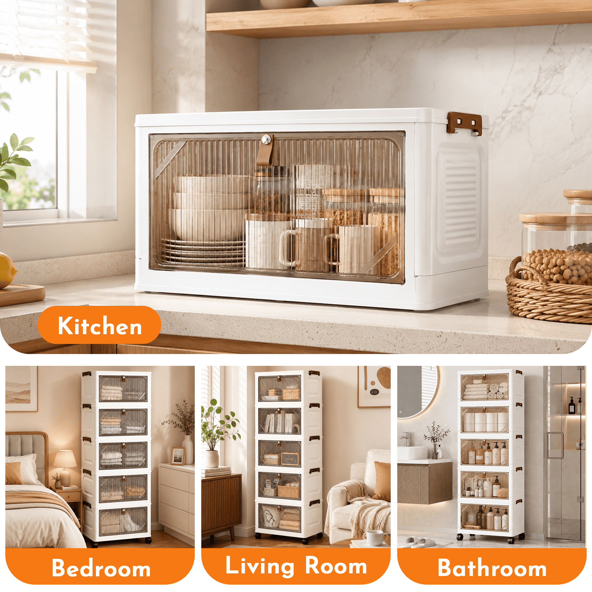 5 Tier Foldable Storage Cabinet with Wheels & Magnetic Doors, 115 QT Stackable Plastic Storage Bins, Dust-Proof Storage Organizer for Bedroom Living Room Dorm