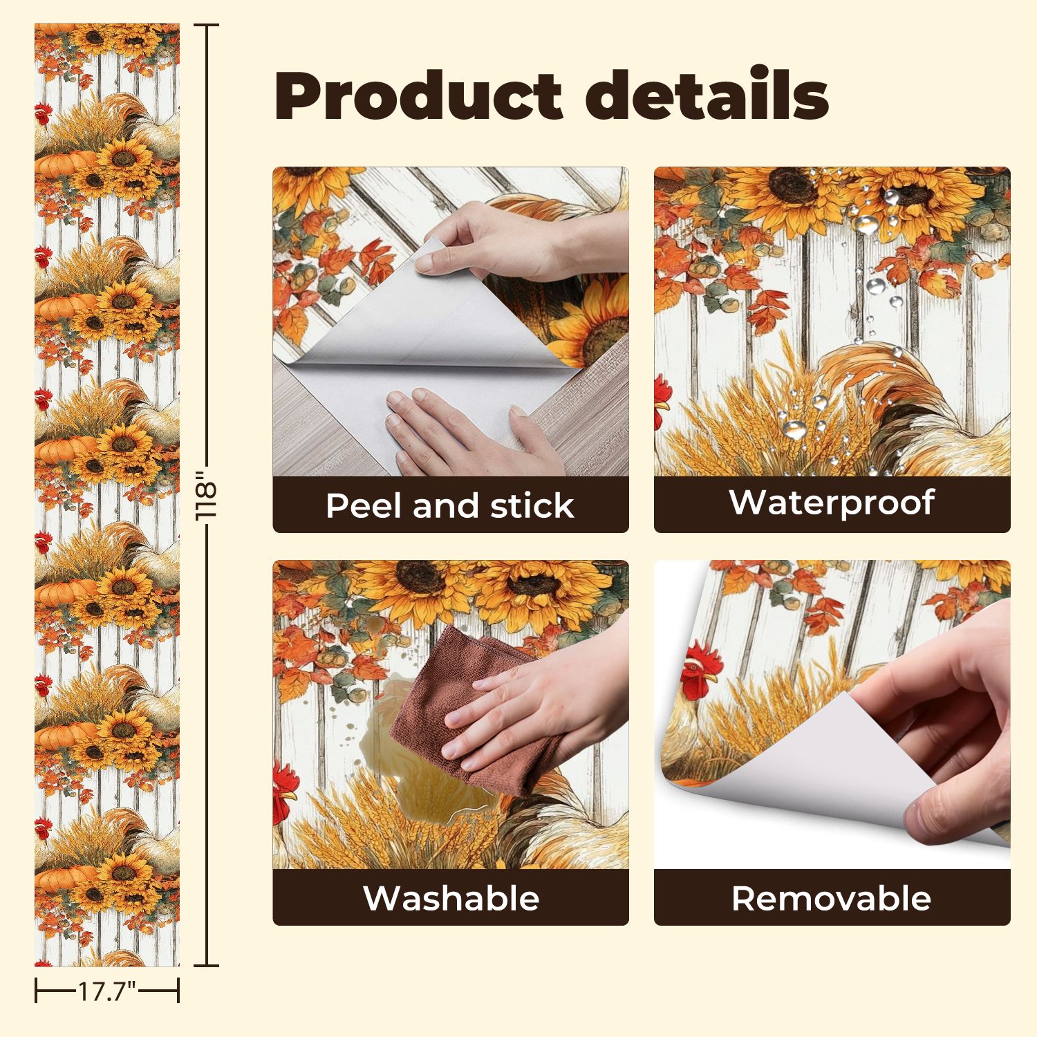 Farmhouse Peel and Stick Wallpaper 17.7in x 9.8ft Autumn Harvest Scene Sunflowers Pumpkins Roosters Fall Contact Paper Vinyl Waterproof Self Adhesive Wall Paper for Bedroom Cabinet Renter Friendly