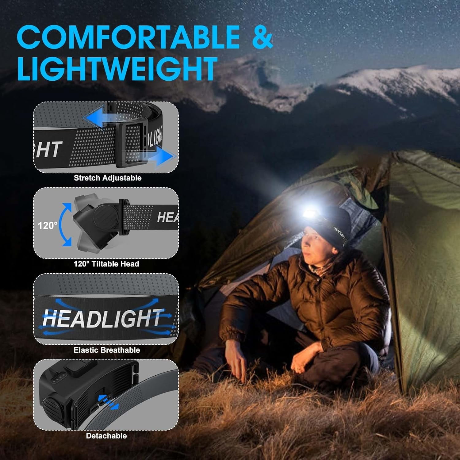 Rechargeable Headlamp Flashlight 2-Pack, 8 LED 2500 Lumen Ultra-Light Bright Headlight with Motion Sensor, Waterproof Lightweight Head Lamp for Adult Kid