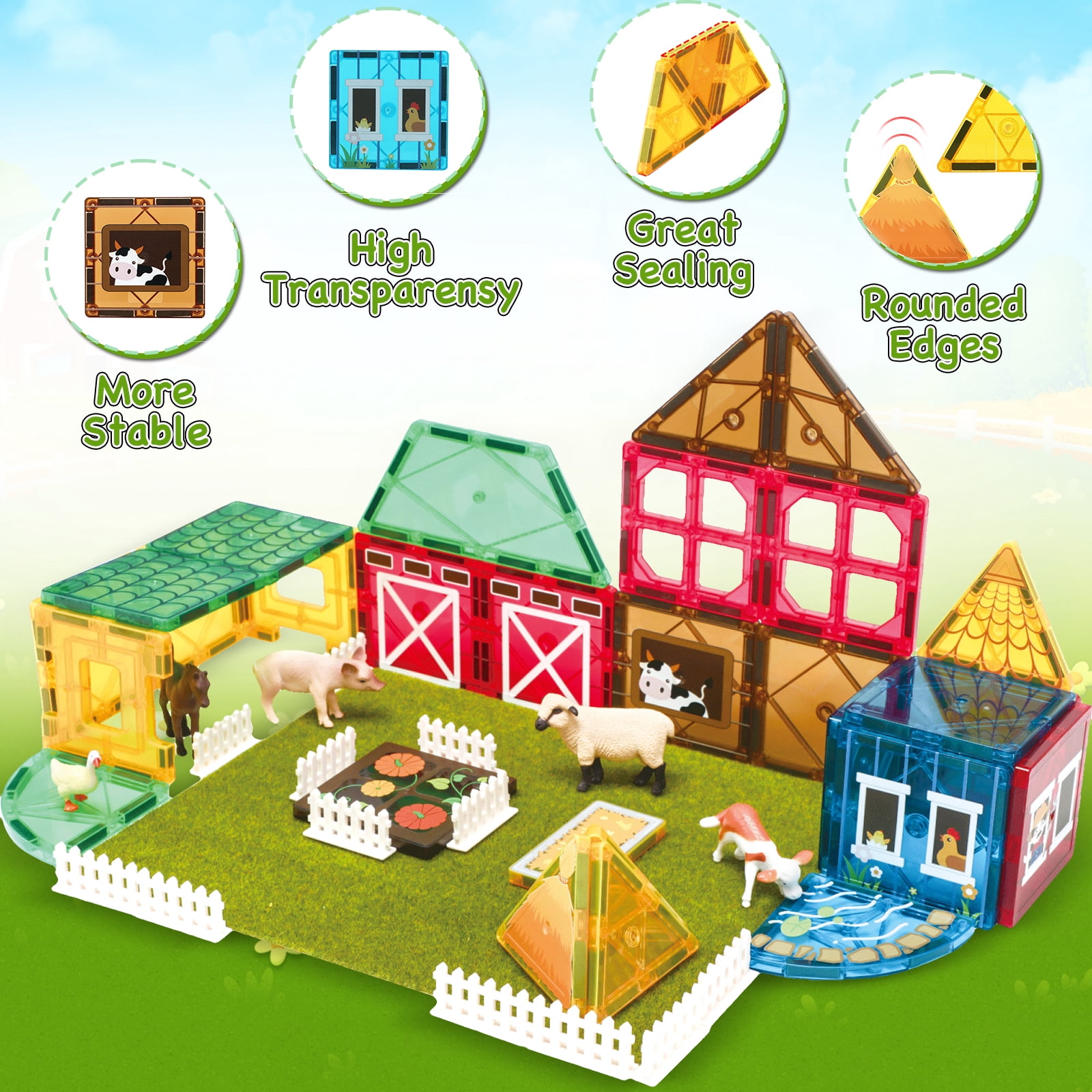 FunMagic Magnetic Tiles Farm Animal Toys Set for Toddles Kids, Montessori STEM Educational Magnetic Building Blocks for 3+ Year Old Boys Girls