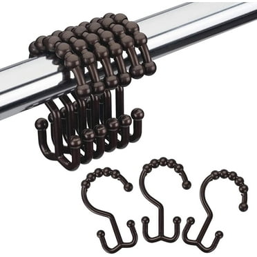 Shower Curtain Hooks Plastic Double Shower Curtain Rings for Bathroom Shower Curtain Rod - Set of 12, Brown