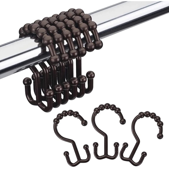 Plastic Double Shower Curtain Rings, Set of 12, Brown