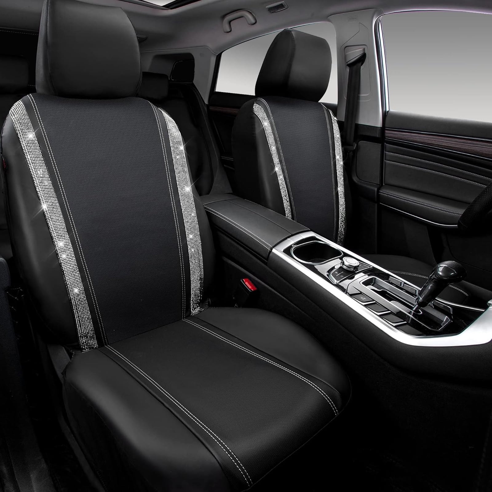 Car-Grand Bling diamond Rhinestone Leather car seat covers front pair shinning spark glitter crystal cute universal fit automotive glitter SUV truck sedan women girly Silver