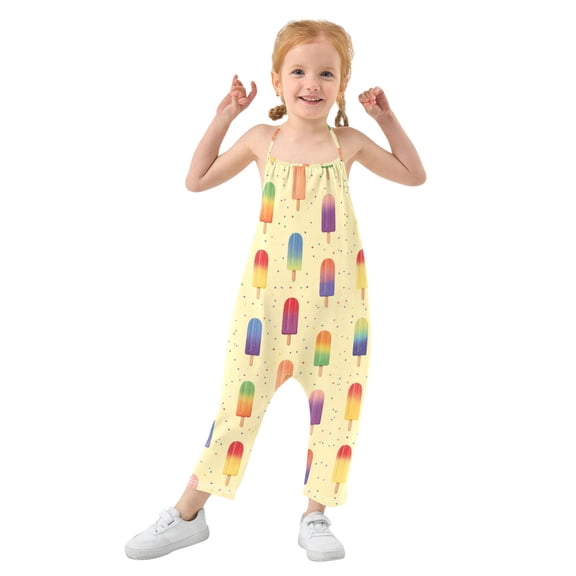 Girls' Jumpsuits Rompers Summer Casual Sleeveless Rompers With Pockets Spaghetti Strap Romper Colorful Popsicles Pattern 1T