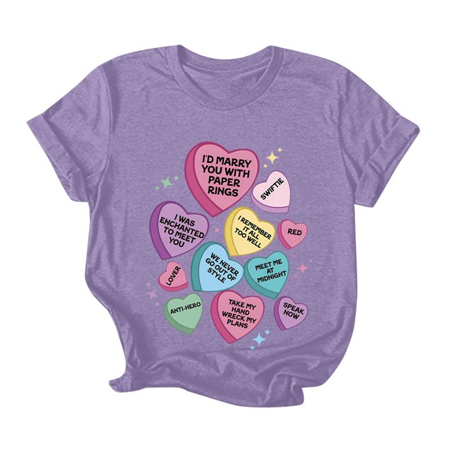 T-shirts de Saint-Valentin pour Femmes Mignon Cœur Graphique Manches Courtes Cadeau pour Enseignant Violet TG