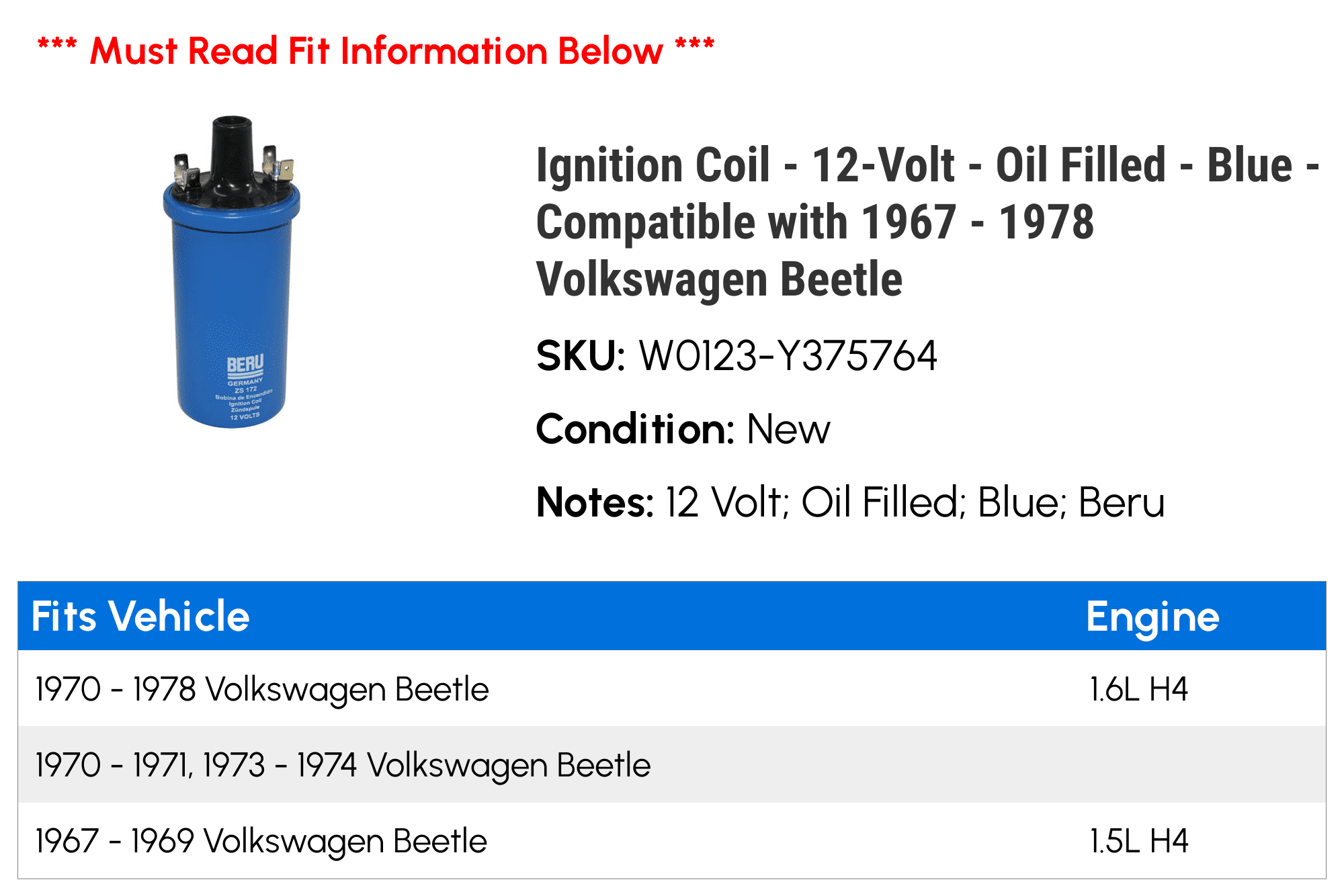 Ignition Coil - 12-Volt - Filled - Blue - Compatible with 1967