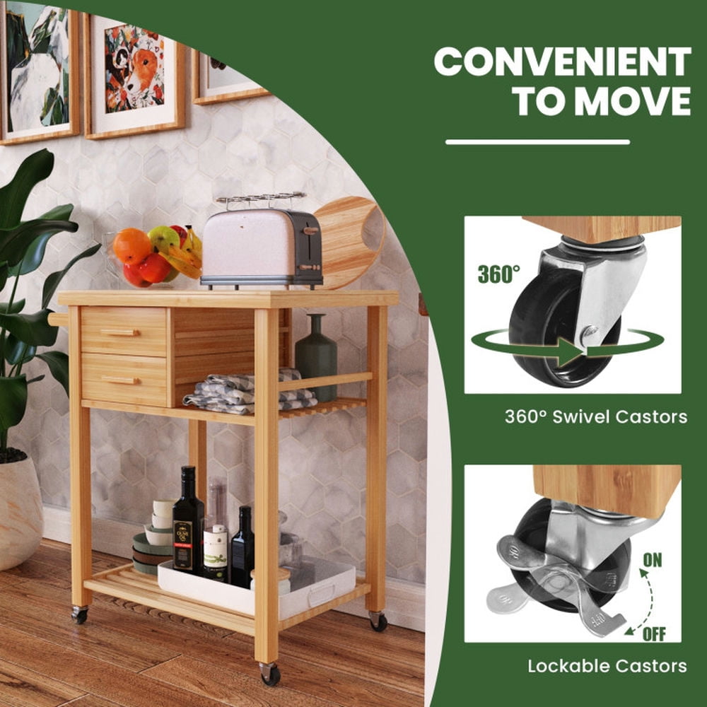 Finihen Rolling Cart, Kitchen Island Cart, Bamboo Kitchen Trolley Cart with Tower Rack and Drawers, for Kitchen, Dining Room, Natural Finihen Rolling Cart, Kitchen Island Cart, Bamboo Kitchen Trolley Cart with Tower Rack and Drawers, for Kitchen, Dining Room, Natural