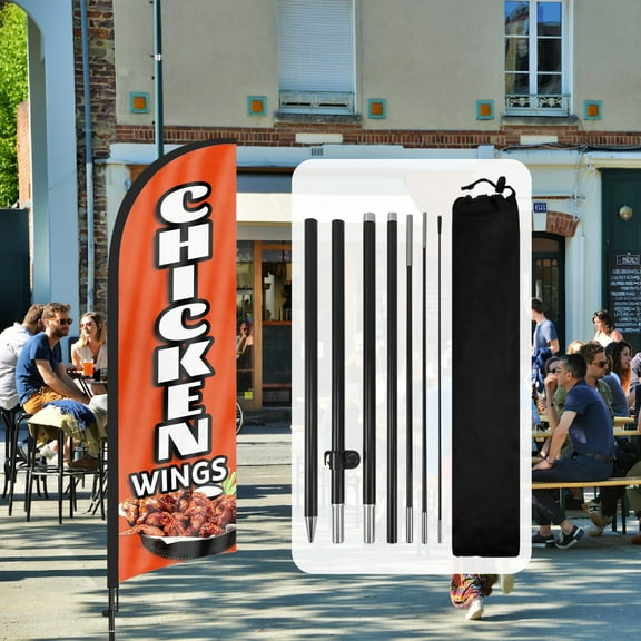 QSUM Chicken Wings Sign Feather Flag with Pole Kit,8.2FT Chicken Wings Decoration Display, Chicken Wings Business Sign,Chicken Wings Swooper Flag，Advertising Flag