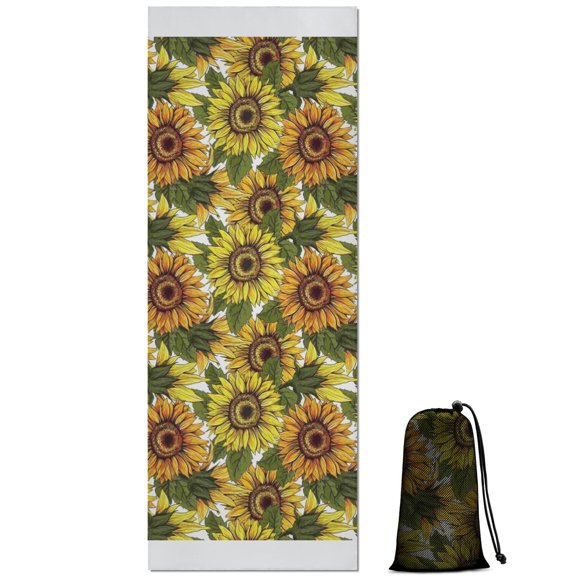 White Sunflower Pattern Hot Yoga Mat Towel Non Slip for Hot Yoga - Quick-Drying Yoga Mat Cover with 4 Corner Pockets with Travel Bag - Hot Yoga Towel Non Slip Grip Moisture Wicking Sweat 70"x26"