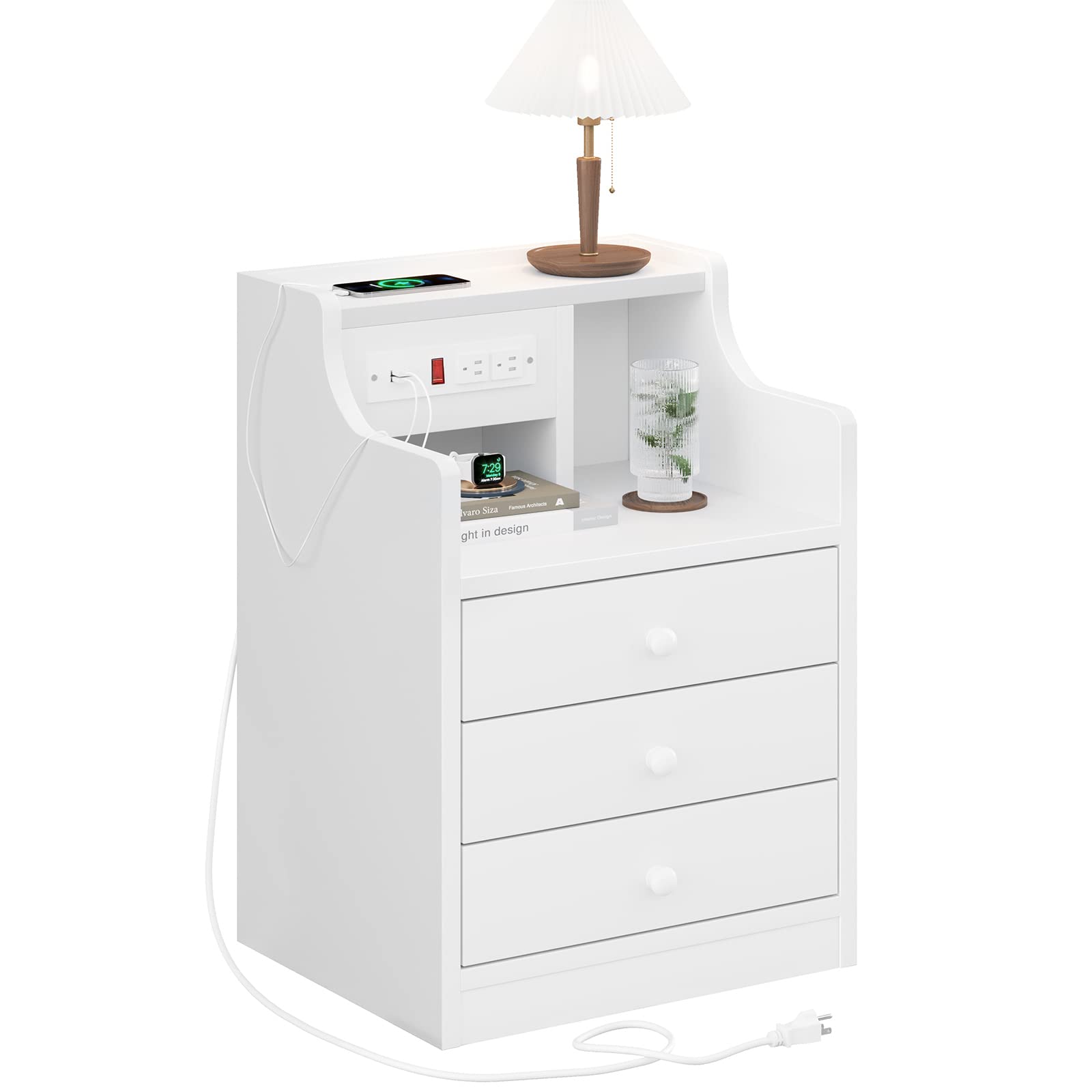 Afuhokles Nightstand Set of 2 with Charging Station, White photo 5