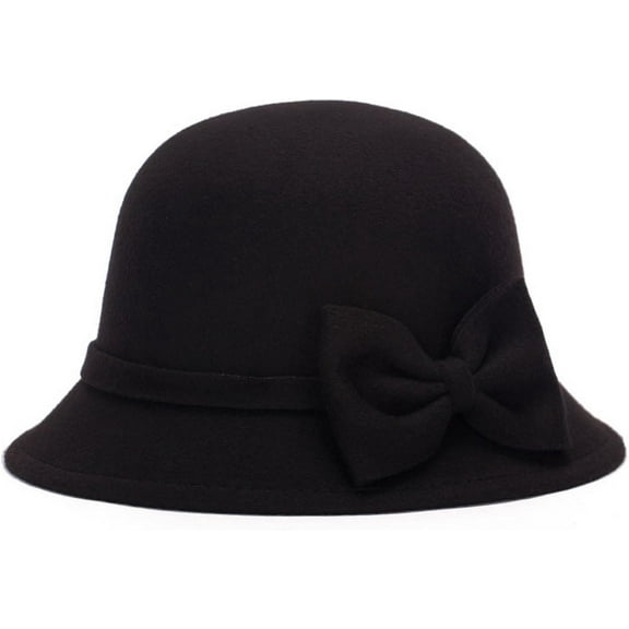 CoCoMangos Women Wool Felt Church Cloche Cap Bucket Bowler Hat Cap Band W/Large Bow