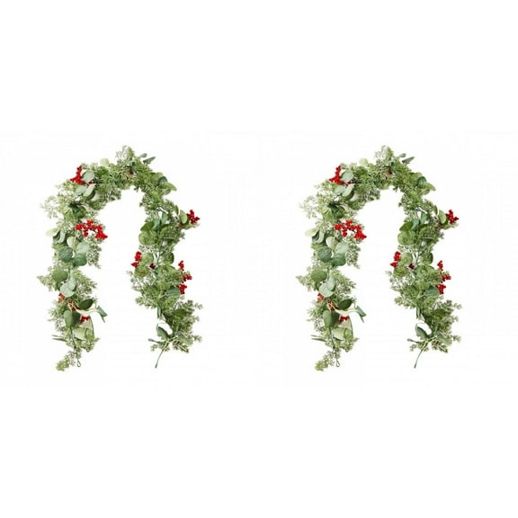 5.9 Ft Christmas Holly Berry Vine Garland, 2 PCS Artificial Greenery with Green Leaves and Red Berries, Bendable Greenery Garland for Indoor Outdoor Xmas Holiday Decorations