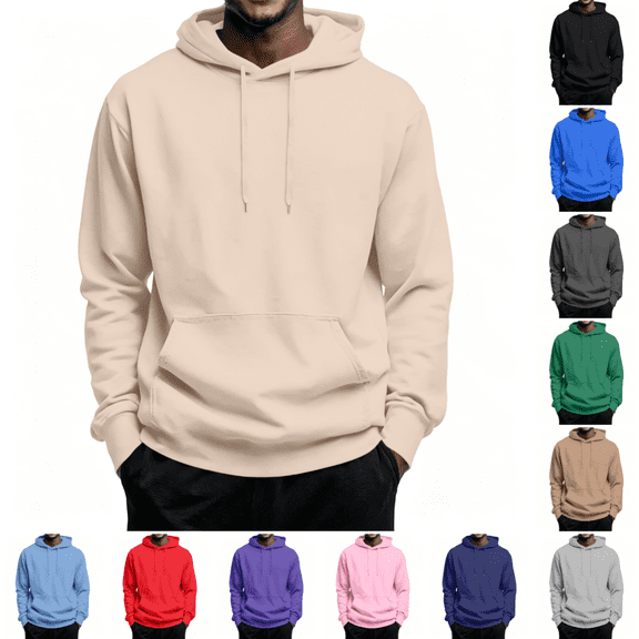 Men's Fleece Hoodie Stylish Long Sleeve Drawstring Hooded Sweatshirt Fall Winter Thermal Casual Pullover With Pocket Beige XL
