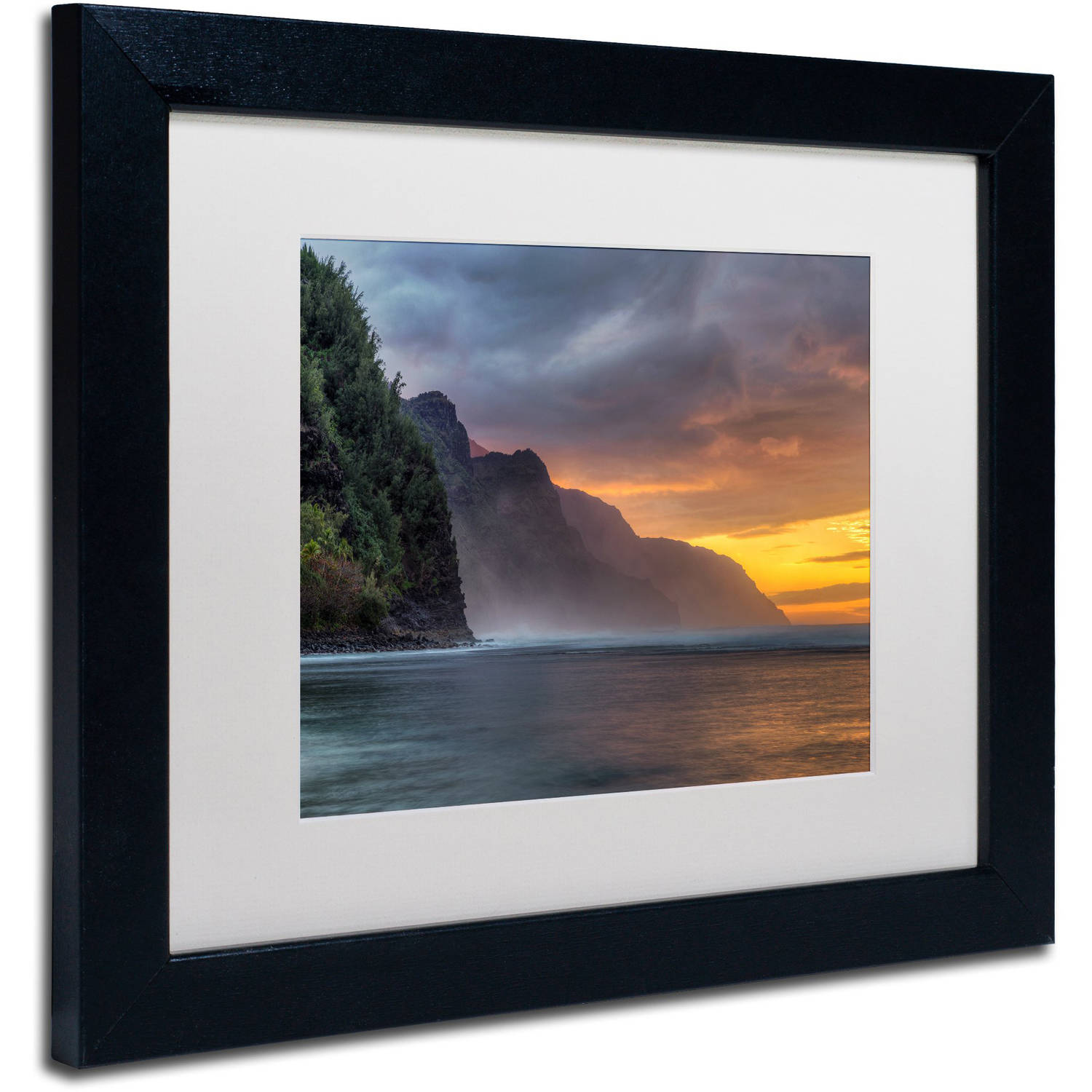 Trademark Fine Art 'Napali Sunset Kauai' Canvas Art by Pierre Leclerc, White Matte, Black Frame